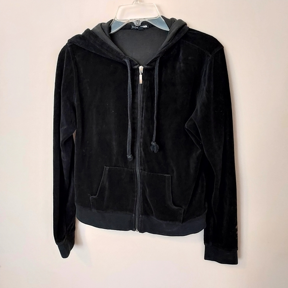 Fashion Nova Black Velour hooded jacket Medium Casual Grunge